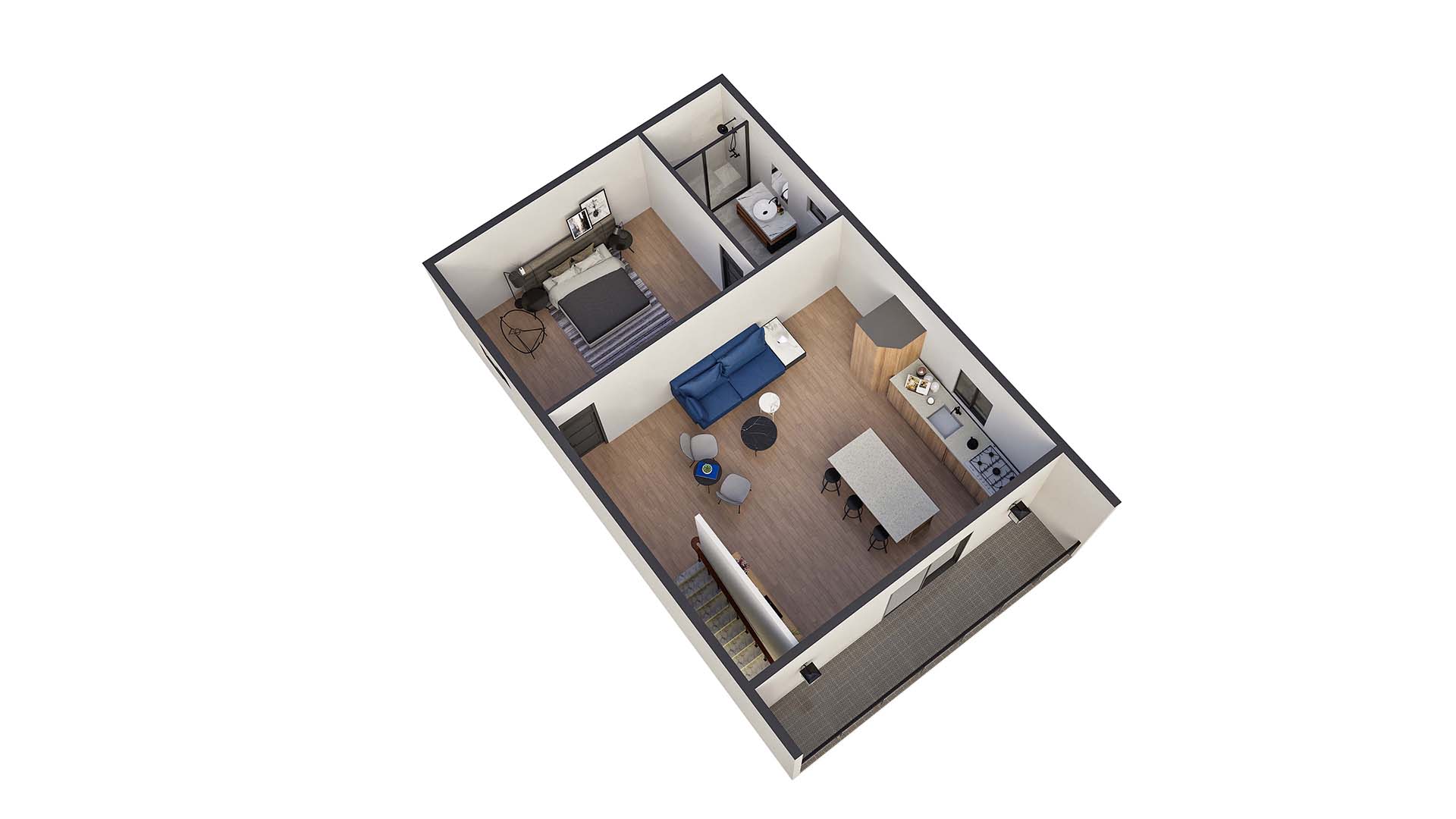 Modern 2B 2 story upper floor 3D