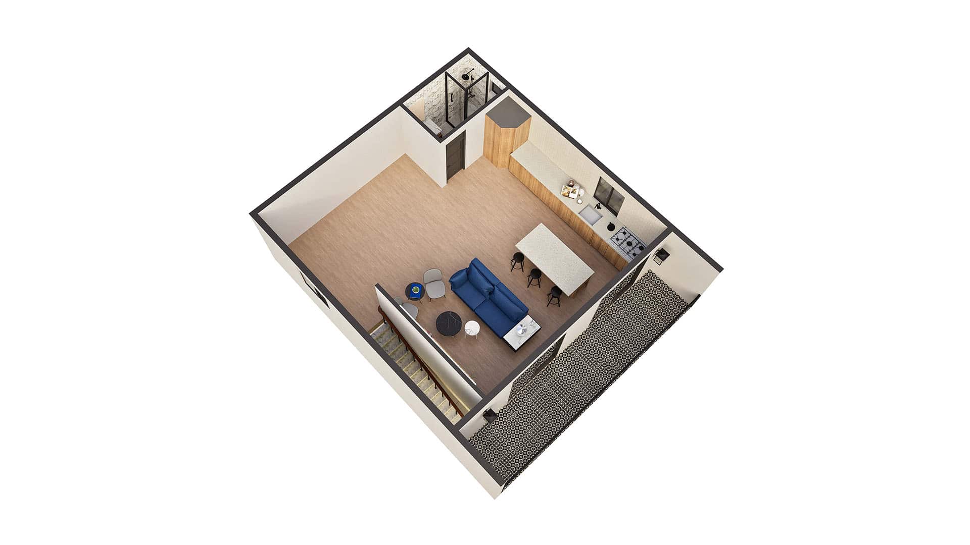 Modern 2B 3 story middle floor 3D