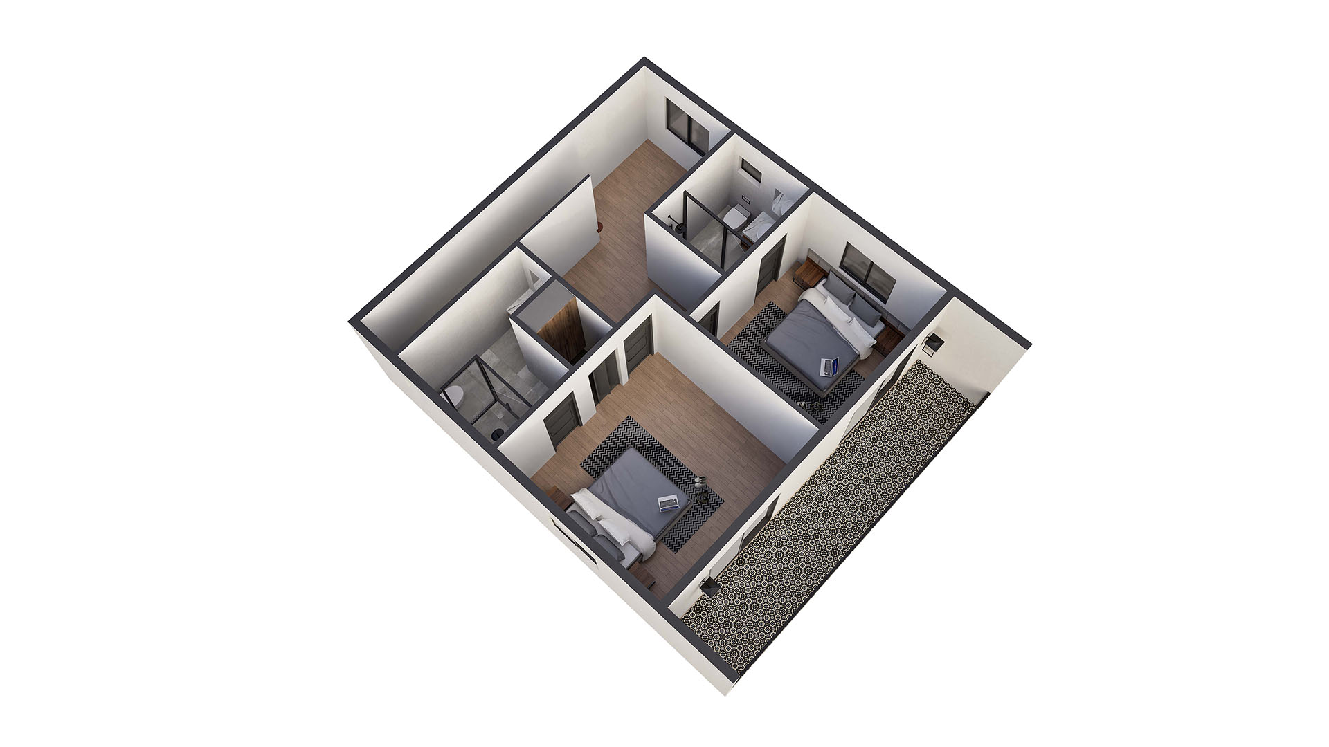 Modern 2B 3 story upper floor 3D