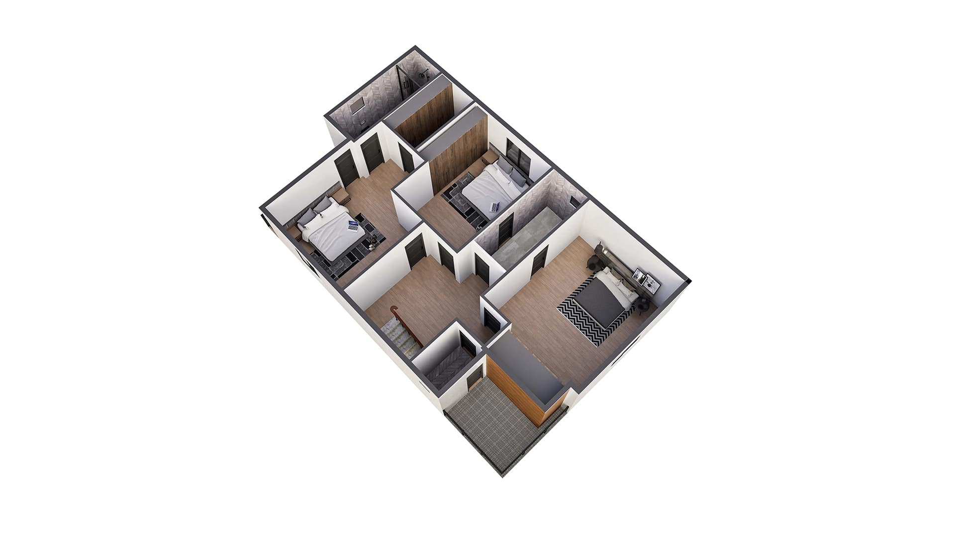 Modern Style 3B 2 story upper floor 3D
